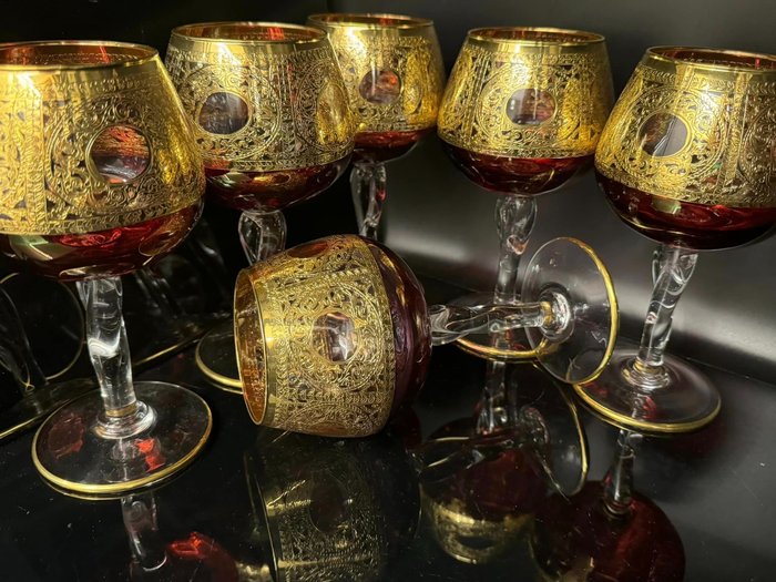 Antica cristalleria Italiana - Ποτήρι μπράντι (6) - lussuose coppe da brandy soffiate incise e decorate a mano - .999 (24 kt) gold, Κρύσταλλο