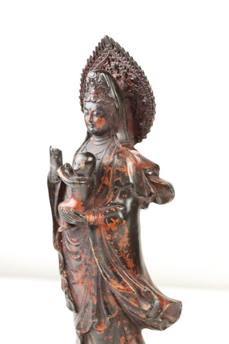 Bijzonder beeld Quan yin met kind - Bronze (patineret) - Kina  (Ingen mindstepris)