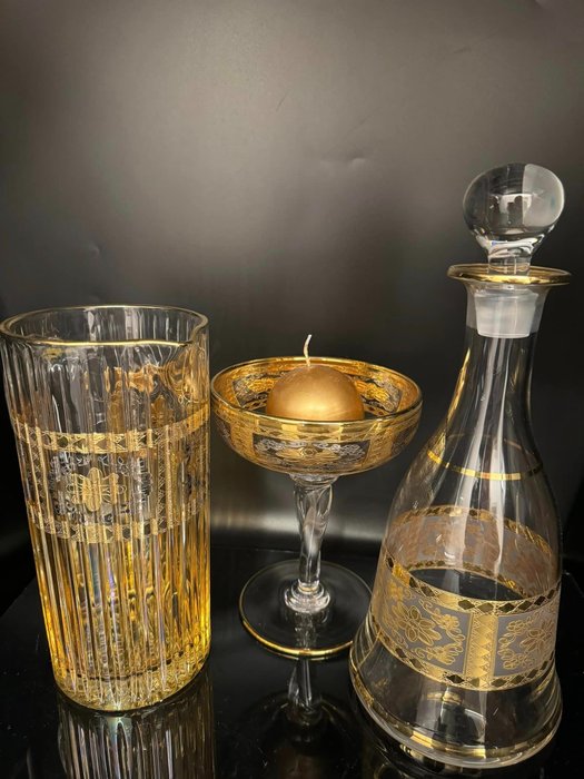 Antica cristalleria italiana - Derítőedény (3) - Luxurious carafe and decanter set with cup - .999 (24 kt) arany, .999 ezüst, Kristály