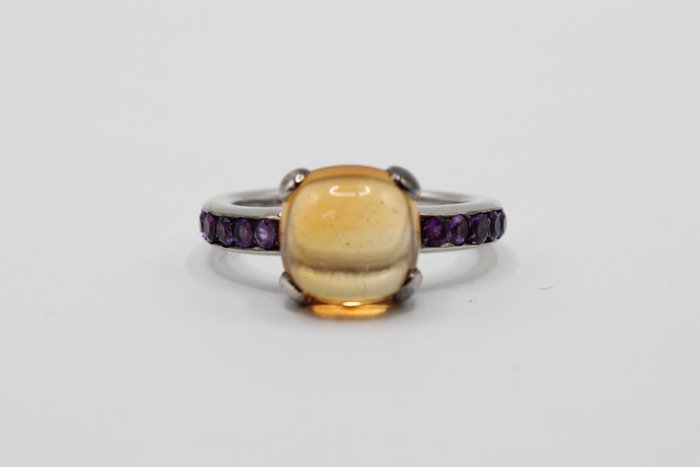 戒指 - 18K包金 白金 -  0.20 tw. 紫水晶 - 黄水晶 