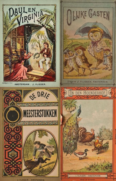 J Vlieger (uitg.) - Lot met 4 prentenboeken: Paul en Virginia, In den honderhof, Olijke gasten & Meesterstukken - 1875