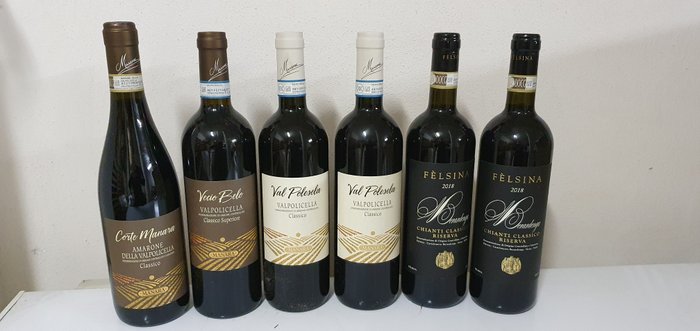 2018 2 x Felsina Berardenga , 2020 x Val Polesela Manara & 2019 Vecio Belo & 2017 Corte Manara - Toscana, Veneto - 6 Flasker (0,75 L)