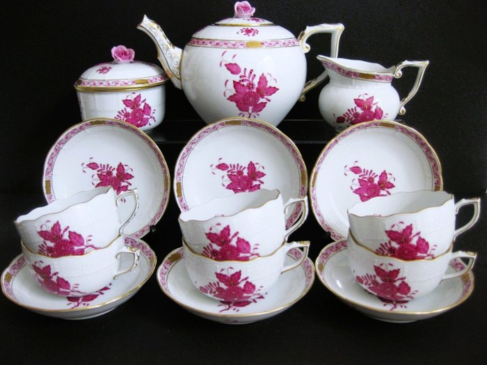 Herend - Serviciu de ceai (15) - Compleet voor 6 personen Chinese Bouquet "patroon Apponyi Purple" - Porțelan