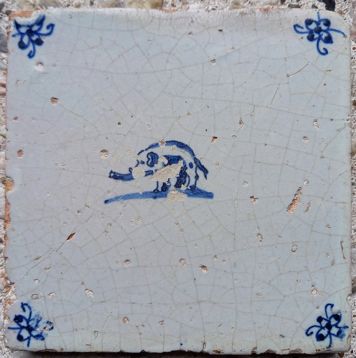 瓷磚 - 古董代爾夫特藍色瓷磚與大象。 - 1600-1650 