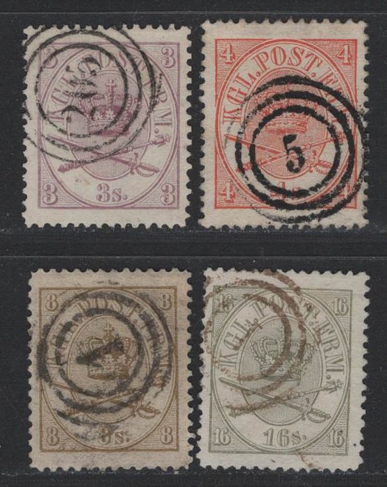 Danemark 1864/1865 - quatre valeurs "insignes de la couronne" dont 8 p.en perforation B - Michel 12-15