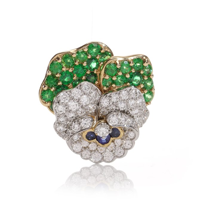 Tiffany & Co. - Brosje - pansy with diamonds, sapphires and tsavorite garnets Gull, Platina 