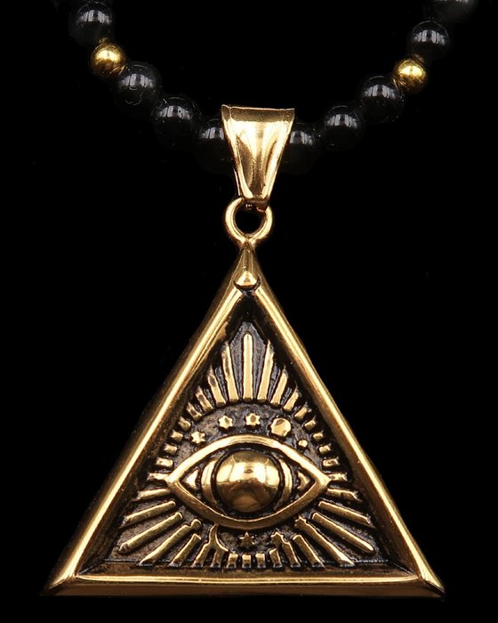 Freimaurer-Halskette – Göttliches Auge – Geist und Wissen – Obsidian – Goldverschluss GF14K - Halskette