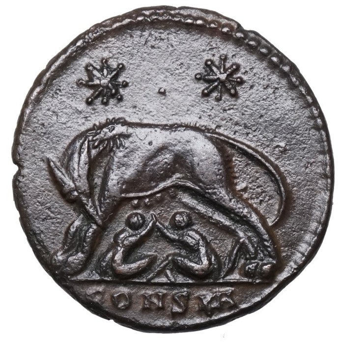 罗马帝国. 君士坦丁一世 （公元306-337）. Follis Konstantinopel, Wölfin, Romulus und Remus