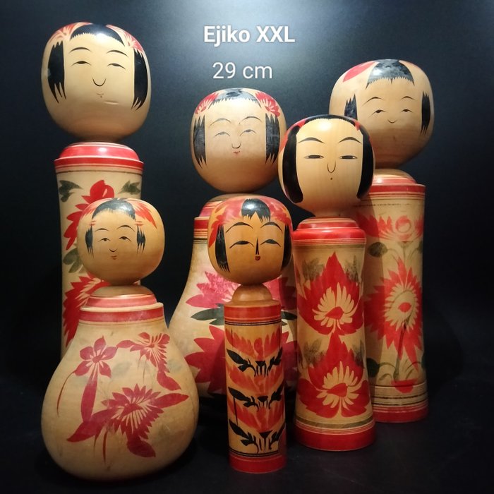 Vintage hagyományos kokeshi és ritka ejiko (29 cm) - Fa - Japán - japán