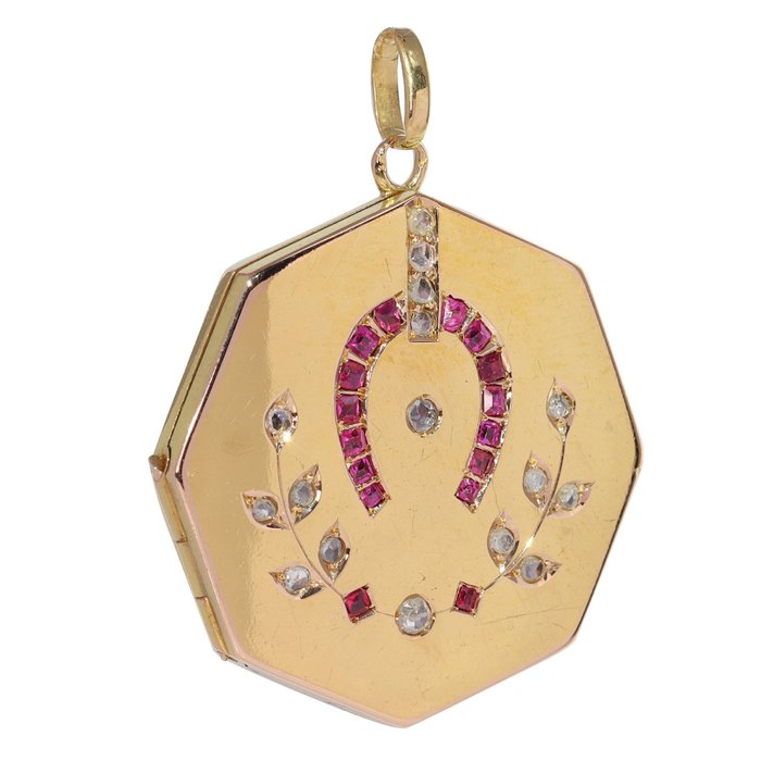 Vintage 1920's Art Deco - Medaljon - 18 kraat Gulguld Rubin - Diamant 