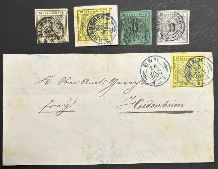 Württemberg 1851 - Württemberg - 1 Kr. gelbweiß, 3 Kr. hellgelb, 6 Kr. grün und 9 Kr. rosa Mi.Nr. 1 bis 4 in sehr guter Erhaltung + 1