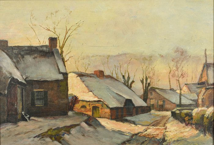 H.H. Ros (1870-1954) - Farms in winter under a setting sun