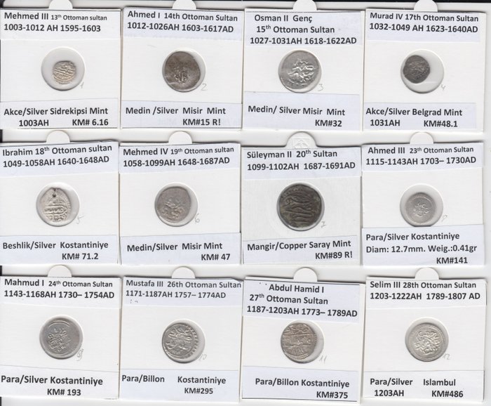 Osmanisches Reich. Twelve Sultans. Lot of 12 coins (Akce, Medin, Para, Beshlik, Mangir) 1003/1222 AH (1595/1807 AD)  (Ohne Mindestpreis)