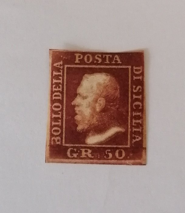 Anciens états italiens - Sicile 1859 - 50g de laque brune (imprimé gras) - Sassone 14