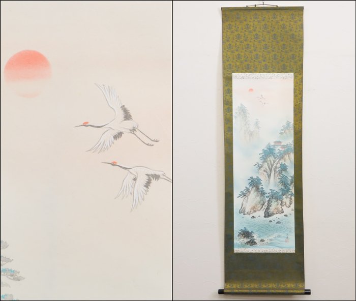 Chinese Landscape 蓮菜山 Hanging Scroll with Cranes and Sun - Signed 'Motoharu' - Giappone  (Senza Prezzo di Riserva)