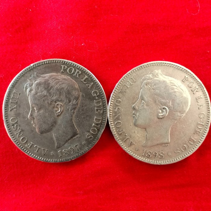 西班牙. Alfonso XIII (1886-1931). 5 Pesetas 1897 *18 *97 SGV / 1898 *18 *98 SGV (2 monedas)  (沒有保留價)