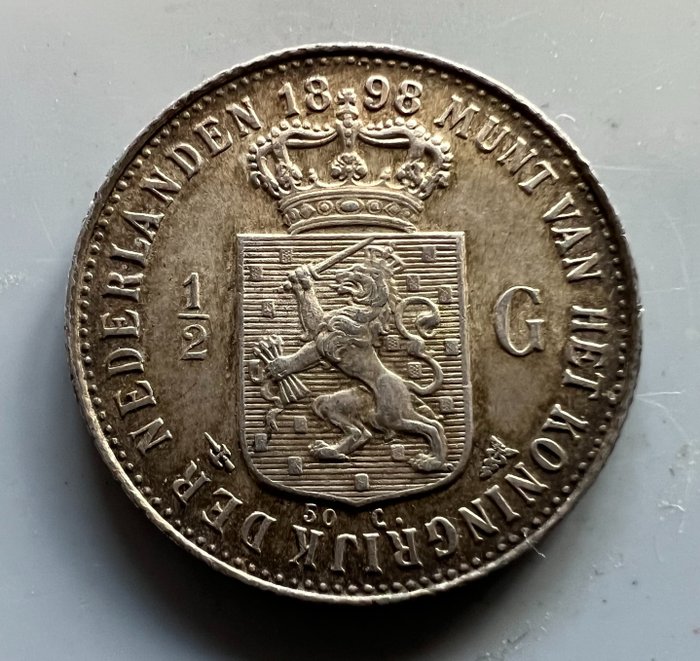 荷兰. Wilhelmina (1890-1948). 1/2 Gulden 1898  (没有保留价)