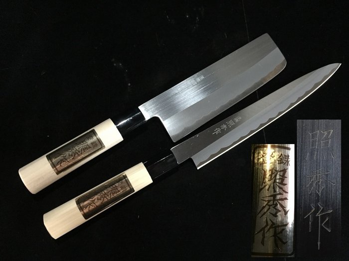 Set of 2 / 照秀 TERUHIDE / 柳刃 YANAGIBA 菜切 NAKIRI - Menümesser (2) - Japanisches Küchenmesser - Holz, Stahl