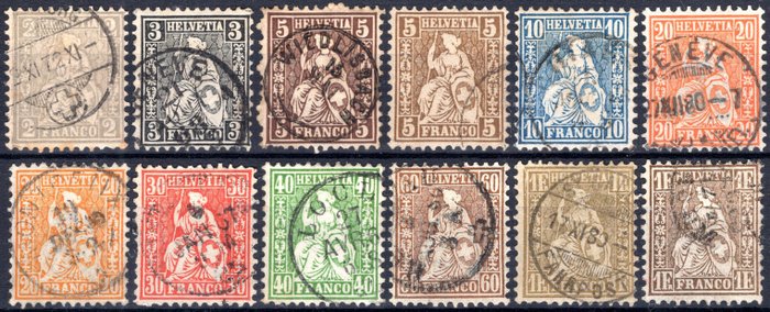 Zwitserland 1862 - "Allegorie van de zittende Helvetia" - de complete serie, gebruikt met verschillende stempels, - Unificato n° 33/41