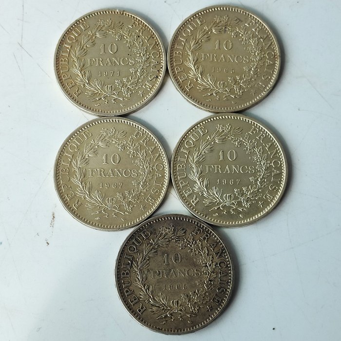 Frankrijk. 10 Francs 1965/1971 Hercule (lot of 5 silver coins)  (Zonder Minimumprijs)
