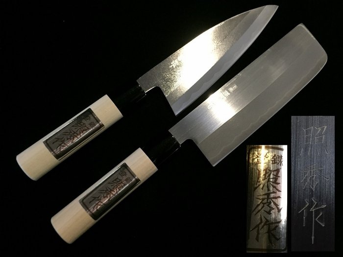 Set of 2 / 照秀 TERUHIDE / 菜切 NAKIRI 出刃 DEBA - Nóż stołowy (2) - Japoński nóż kuchenny - Drewno, Stal