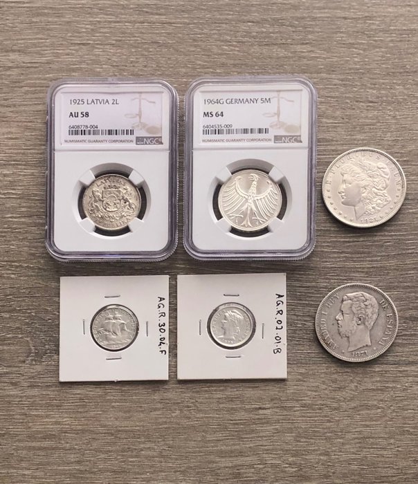 世界. A lot of 6 silver coins 1871/1964