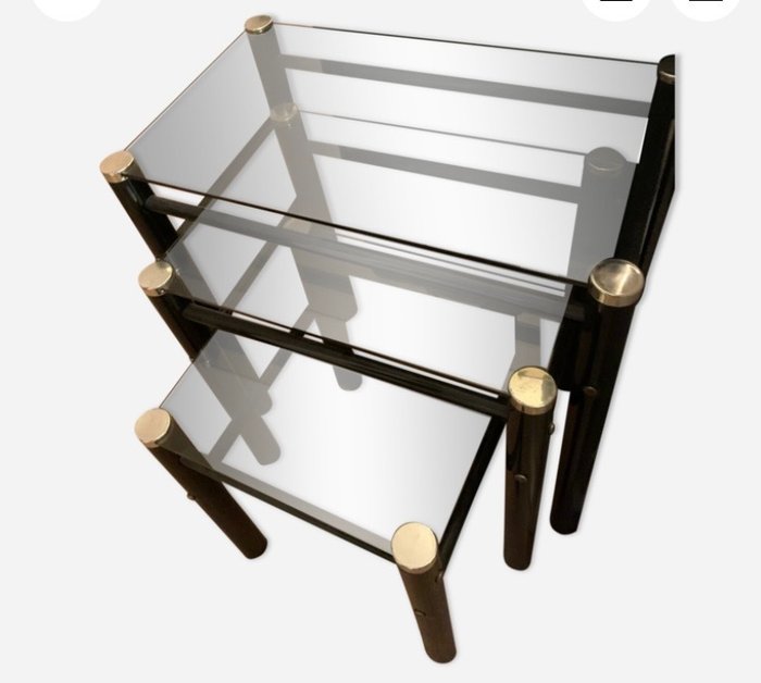 Yves Boutboul - Nesting tables - 三張邊桌 - 黑色漆鋼底座，強化煙色玻璃