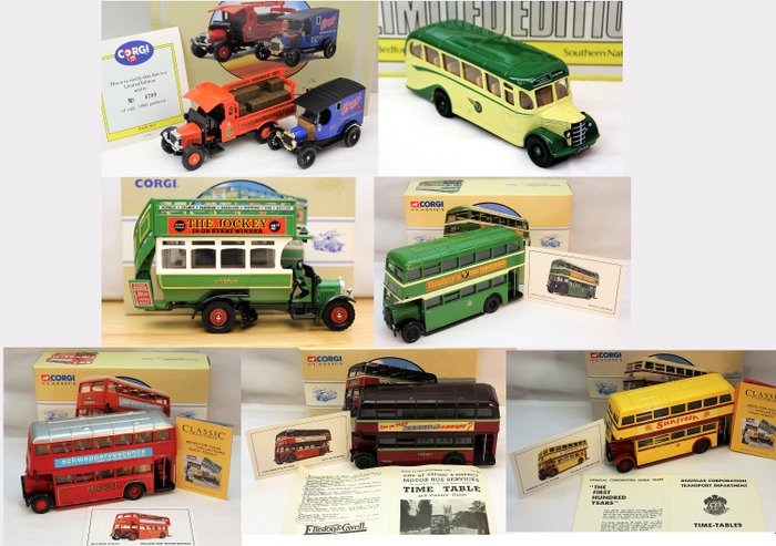 Corgi 1:50 - Pienoismallibussi - Gift set Ref. 97751: "The Bass" Thornycroft & Model T-Ford - Ref. D949/24 Bedford OB Coach South - Viite. 97311: Guy Arab Midland "Red" Motor Services - Ref. 97314: Guy Arab City of Oxford - viite