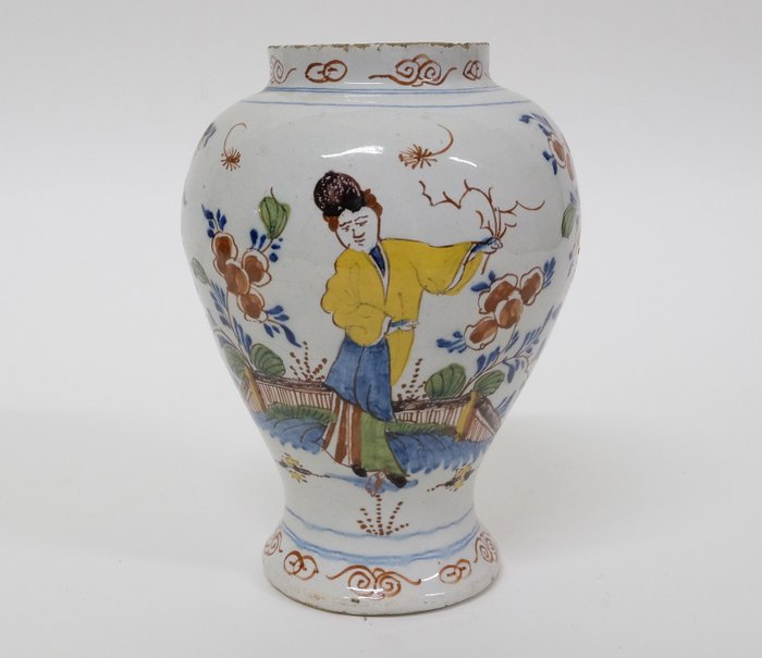 Antique 18thC Dutch Delft Pottery Polychrome Vase - Chinoiserie - Vaas  - Aardewerk