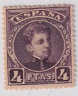 西班牙  - 1901 年 - 阿方索十三世 - 4 比塞塔黑紫羅蘭 - Edifil 254 - 簽名 A Roig
