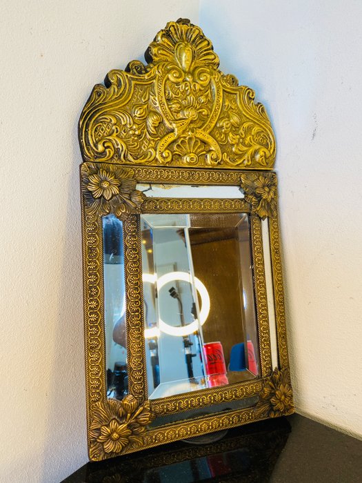 Wandspiegel - Fraaie Dutch Cussion Mirror - 51 cm  - Hout, Koper