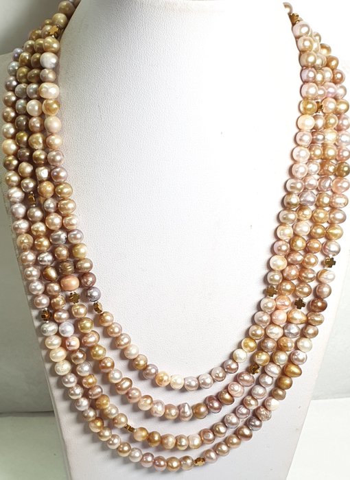 Perle - Natürliche goldene Perlenkette mit griechischen Kreuzen – SELTEN & EXKLUSIV – Brosche aus 925er - Halskette