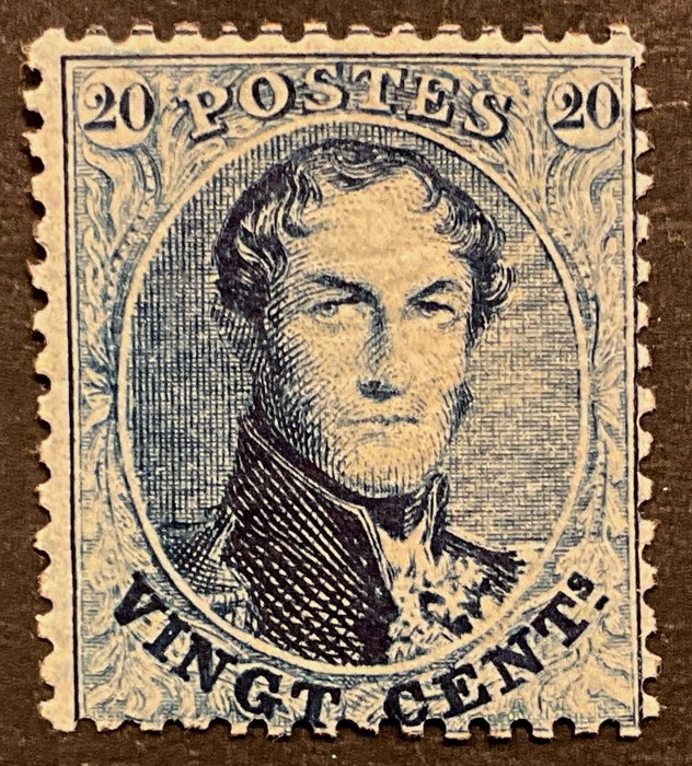 Belgia 1863 - Leopold I Medaljong 20 centimes - Blå - MEST FRISK - OBP 15B - Plaatfout "Griffe / Kras door 20"