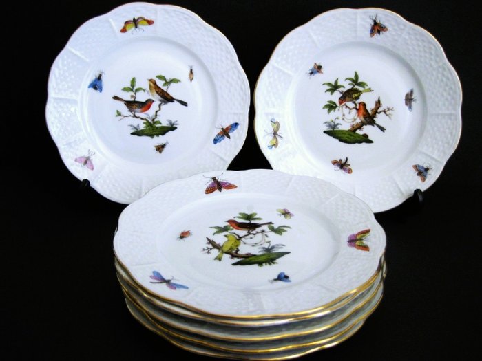 Herend - Juego para pastas/tarta (7) - Platos para tarta "Pájaro Rothschild" Ø 15 cm. - Porcelana