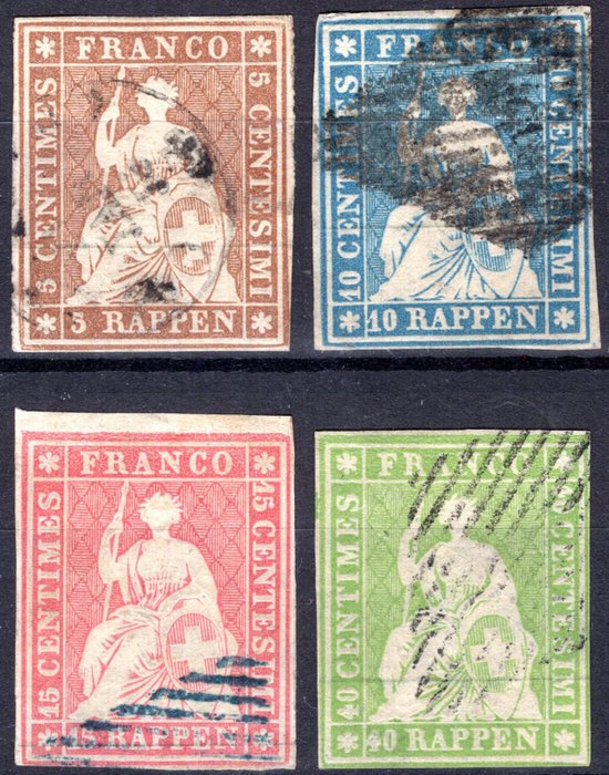 Switzerland 1854 - "Allegory of the sitting Helvetia" - the complete series, used with several cancellations, excellent - Unificato n° 26b+27b+28b+30b