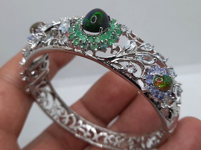 Silver 925 Bracelet - Natural Black Opals, Emerald, Aquamarine, Tanzanite, Rhodolite- 30 g