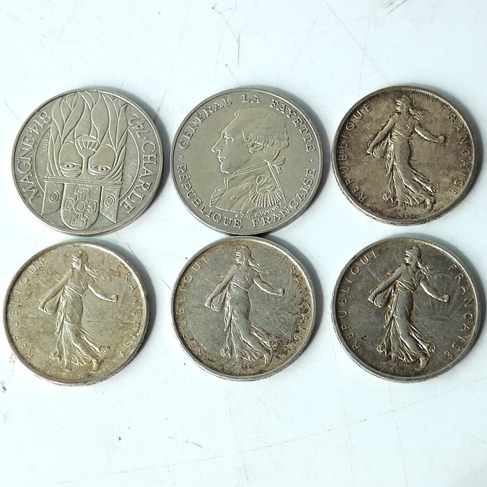 France. Lot of 6 silver coins (5 Francs & 100 Francs) 1960/1990  (No Reserve Price)