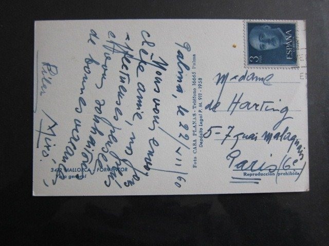 文档 - Joan Miro - Carte postale manuscrite signée - 1960