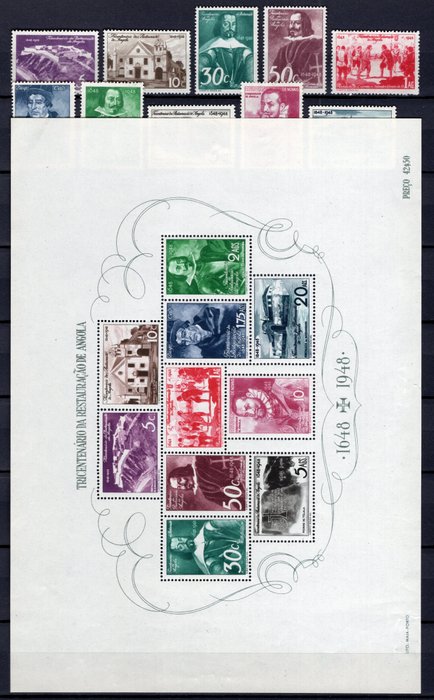 安哥拉 1948 - 300 週年紀念套裝和套裝 **/全新郵票 - Michel 305/314, Block 1