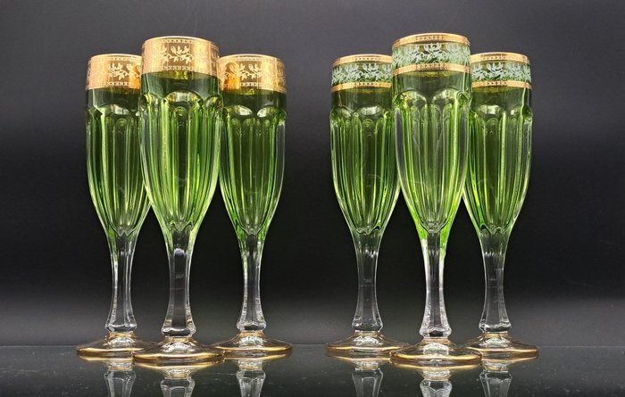 Pahar lung de șampanie (6) - tăiat manual - .999 (24 carate) aur, Cristal