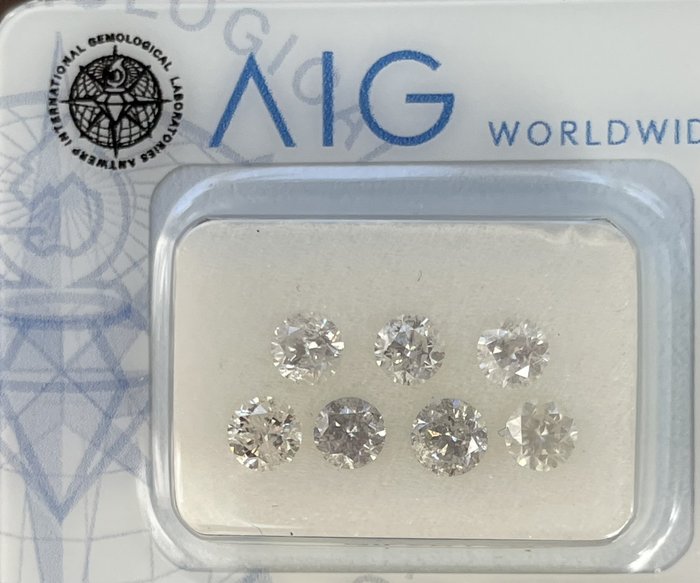 7 pcs 鑽石 - 1.37 ct - 圓形, 明亮型 - D (無色), I(極微黃、正面看為白色) - I2, SI3