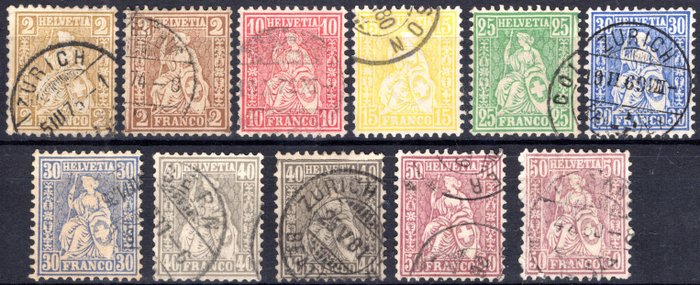 Zwitserland 1867 - "Allegorie van de zittende Helvetia" - de complete serie, gebruikt met verschillende stempels, - Unificato n° 42/48+42A