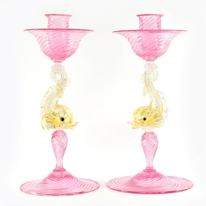 Ferro & Lazzarini - Marino Santi - Chamberstick - Pair of blown glass candle holders with stem worked with gold leaf