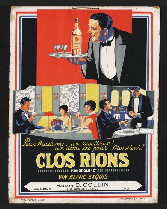 Anonymous - Affiche sur carton - Clos Rions - vins blanc exquis - Années 1930