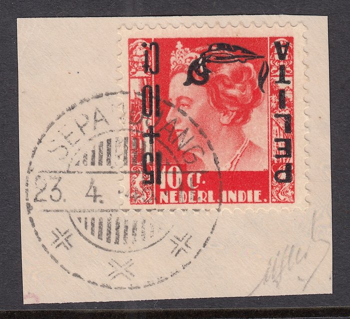 Niederländisch-Indien 1948 - Pelita, mit Upside-Down-Aufdruck, läuft wirklich auf einem Buchstabenstück - NVPH 333f