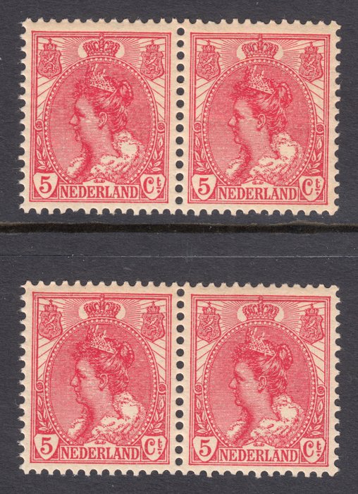 Holandia 1899 - Królowa Wilhelmina „Bontkraag” w parach z błędami tablicowymi - NVPH 60 P1 + 60 P2
