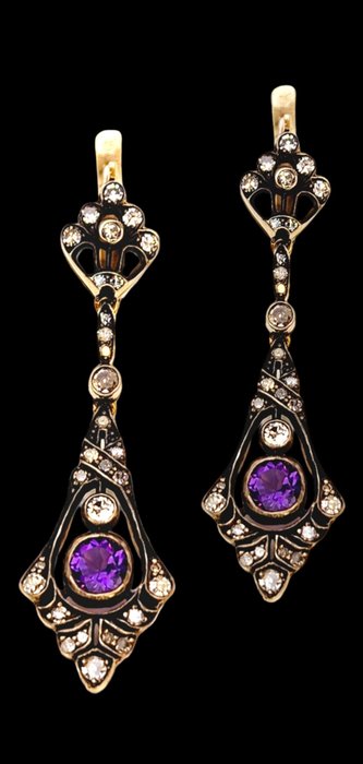 Σκουλαρίκια Imperial Russian Antique 56 Gold (14k χρυσό) Art Deco 1,50ct Diamond & Amethyst Earrings Ruse Circa 