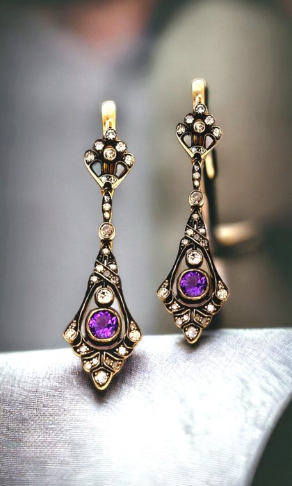 Øreringe Imperial Russian Antique 56 guld (14k guld) Art Deco 1,50 karat diamant & ametyst øreringe Ruse