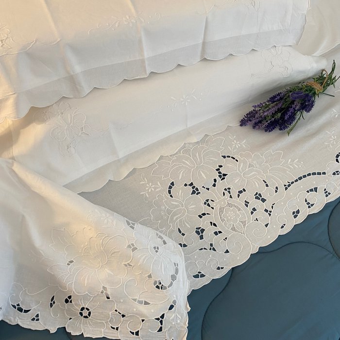  (3) 純棉手工刺繡床單帶兩個枕頭套 - 義大利 - 復古 - 床單 - 240 cm - 260 cm