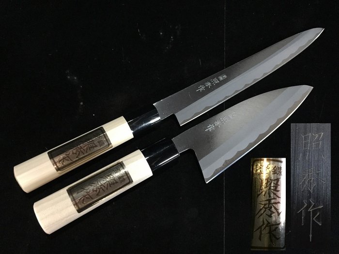 Set of 2 / 照秀 TERUHIDE / 柳刃 YANAGIBA 出刃 DEBA - Menümesser (2) - Japanisches Küchenmesser - Holz, Stahl
